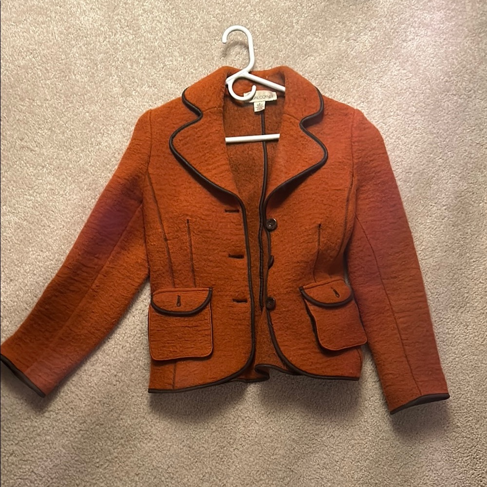 Casual Corners Chic Orange Jacket with Brown Trim
